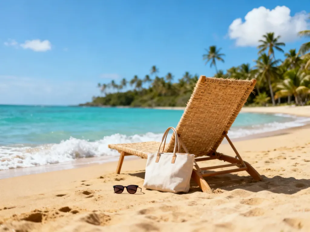 Tropikalna plaża w lutym z palmami, turkusowym morzem, leżakiem i torbą plażową, zachęcająca do ciepłych wakacji.