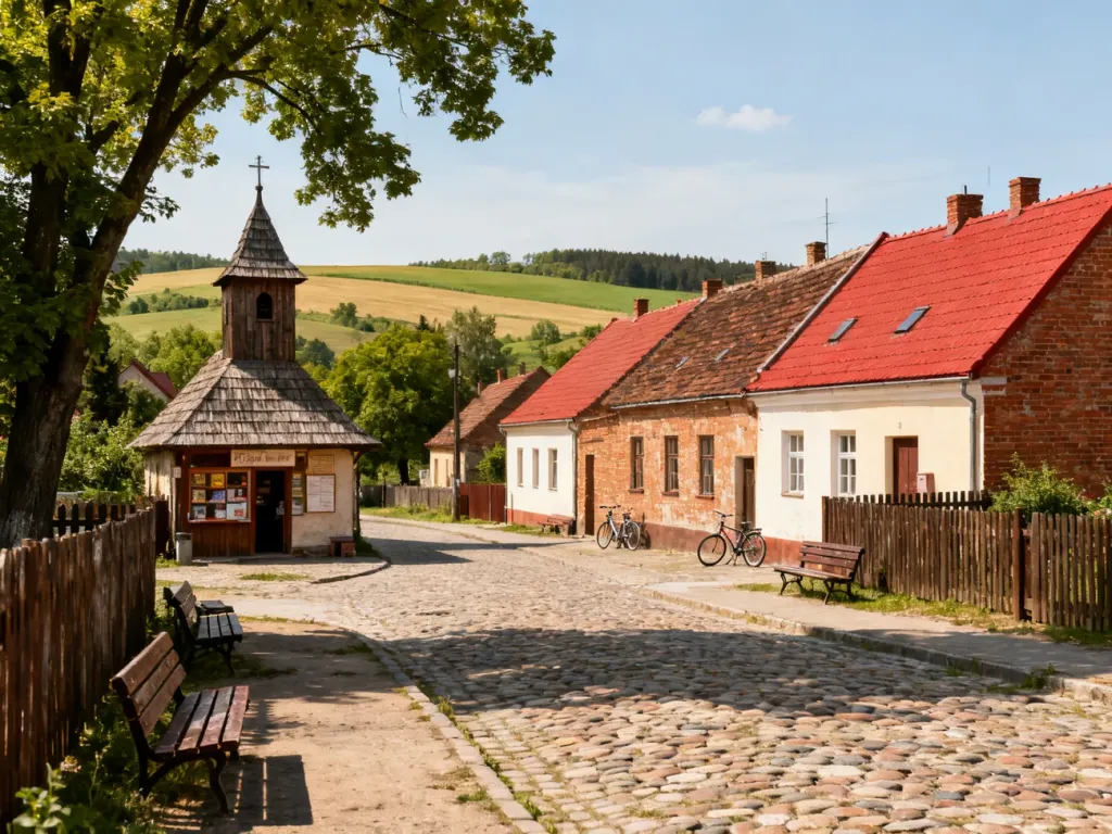 Letni rynek w polskiej wsi z kościołem i sklepem, brukowaną drogą i czerwonymi dachami, jak w serialu „Ranczo”.