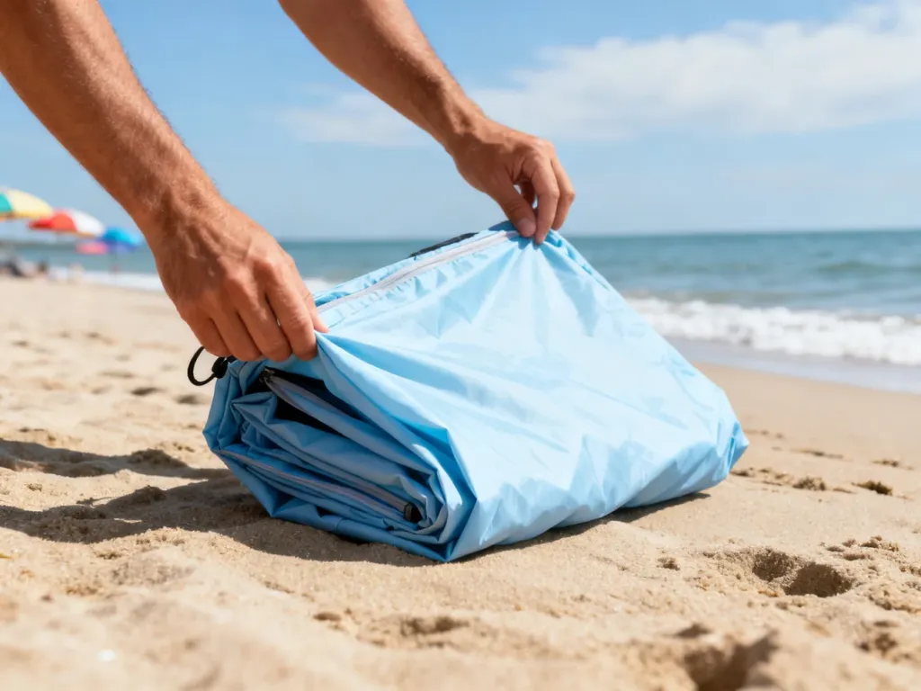 Dłonie składają lekki, niebieski namiot plażowy na piasku, w tle morze i rozmyte parasole, krok pokazany czytelnie.
