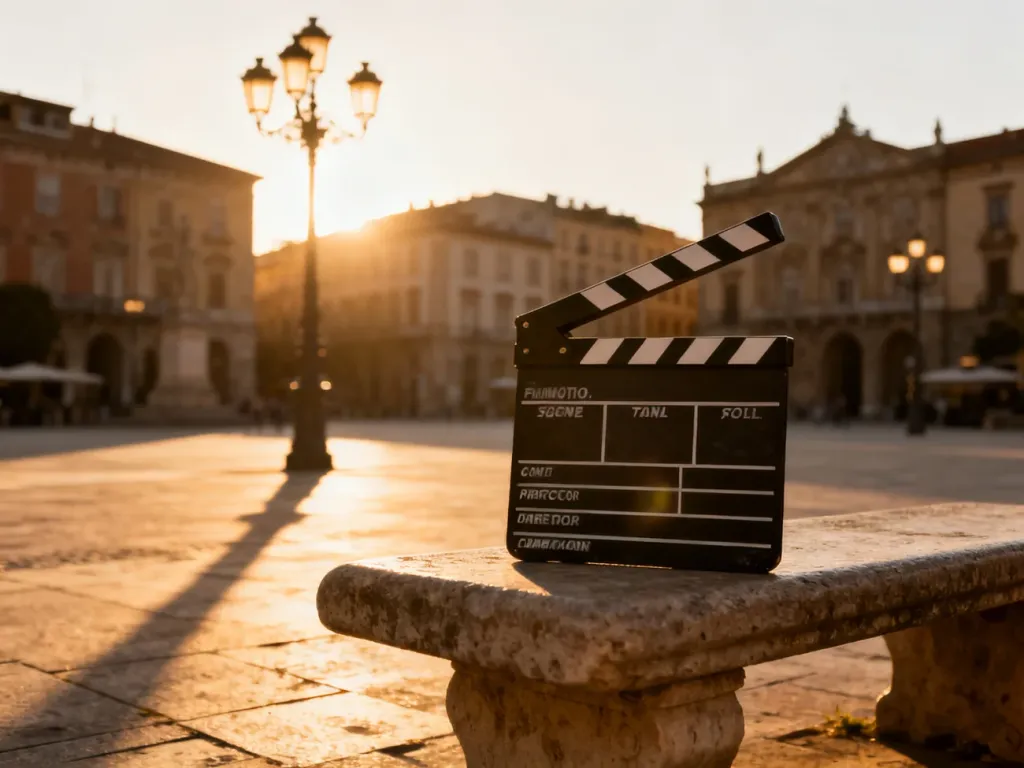 Profesjonalny klaps filmowy na ławce na tle zabytkowego rynku w świetle zachodzącego słońca.