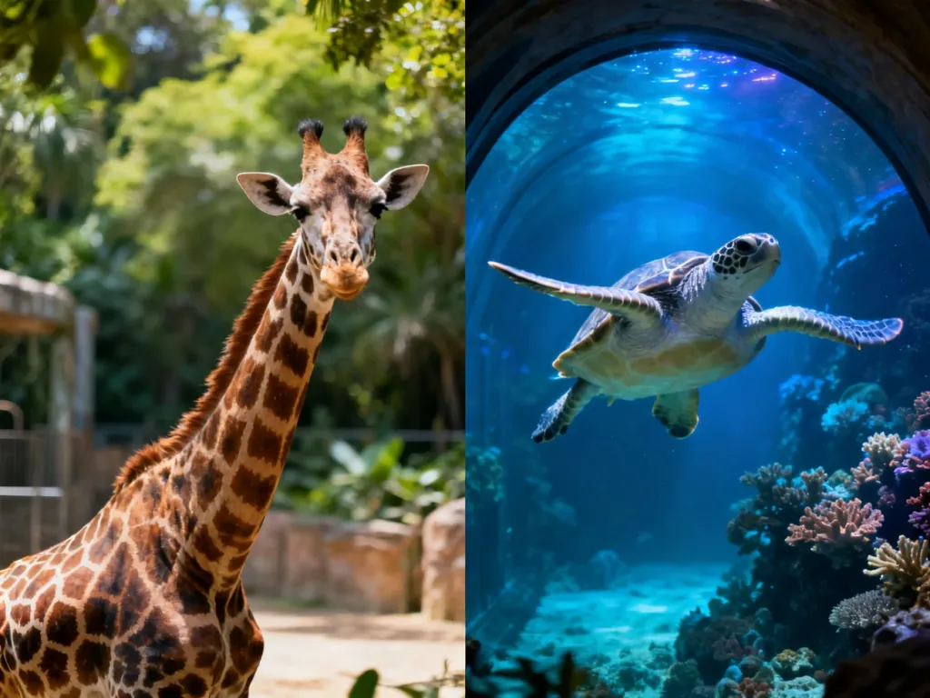 Porównanie wybiegu dla żyraf w zoo oraz podwodnego tunelu z żółwiem w oceanarium.