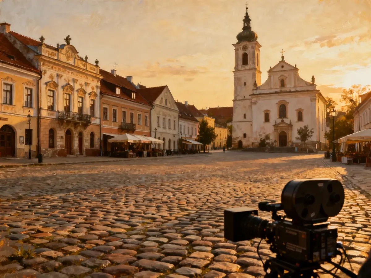 Rynek w Kazimierzu Dolnym oświetlony ciepłym światłem, ukazany jako filmowy plener