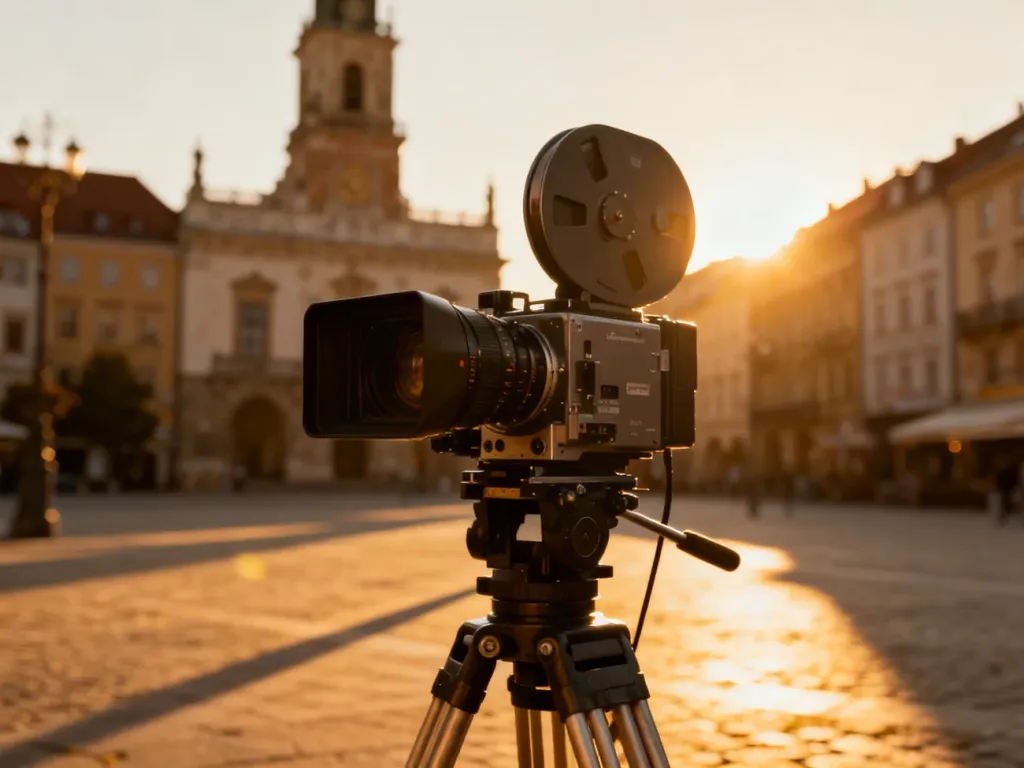 Profesjonalna kamera filmowa na statywie na tle zabytkowego rynku w świetle zachodzącego słońca.