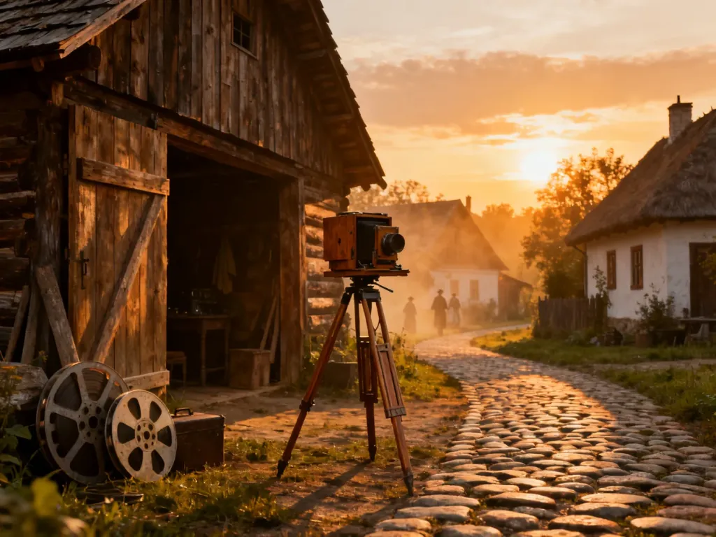 Rustykalne chaty i zabytkowa architektura skansenu filmowego w blasku zachodzącego słońca z widocznymi rekwizytami filmowymi.