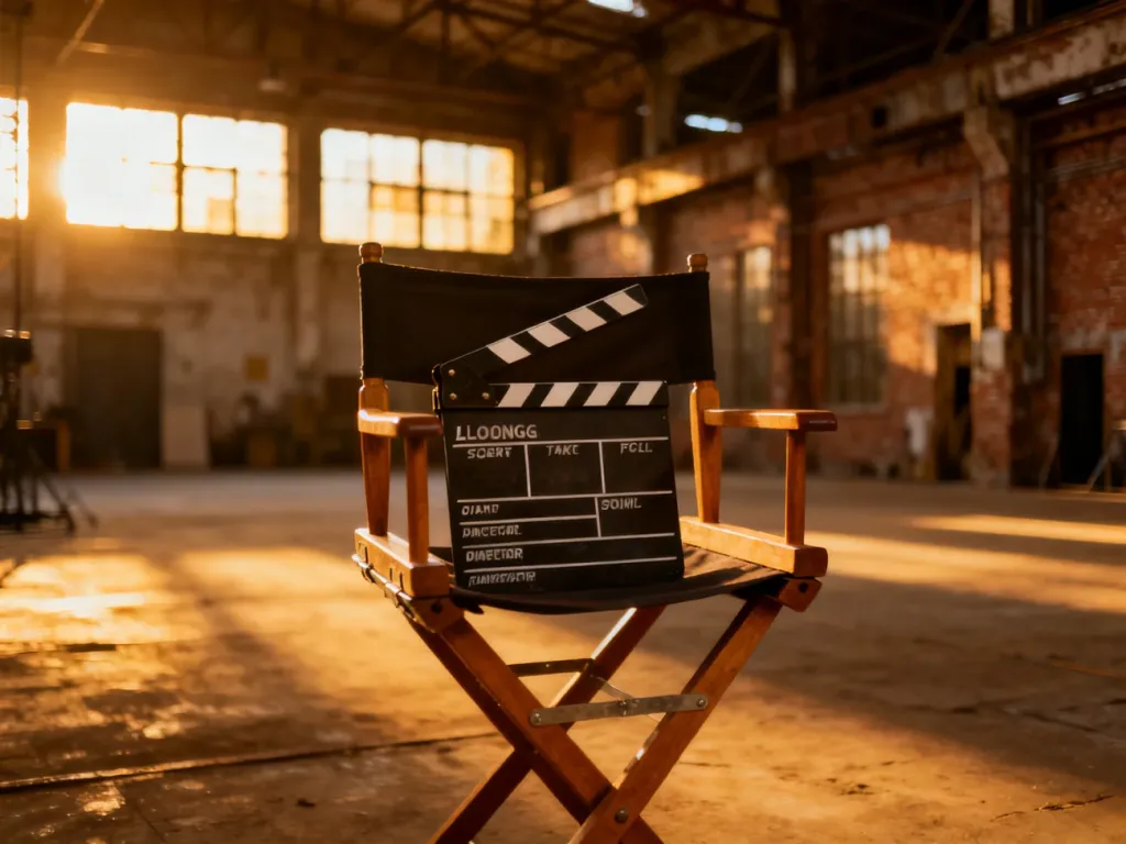 Profesjonalny klaps filmowy na zabytkowym krześle w łódzkim studiu, w tle industrialne wnętrza dawnej fabryki.