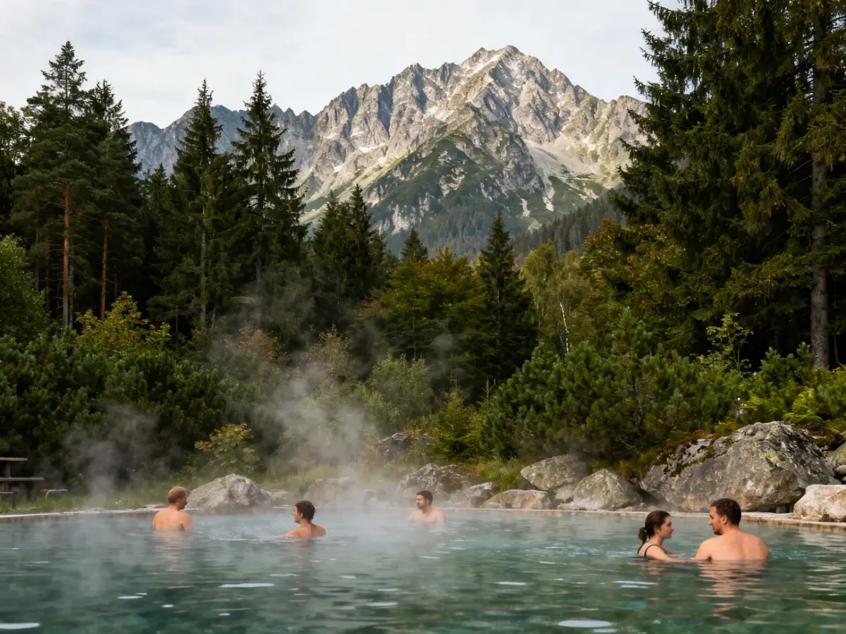 Baseny termalne Bukovina z parą wodną i widokiem na Tatry