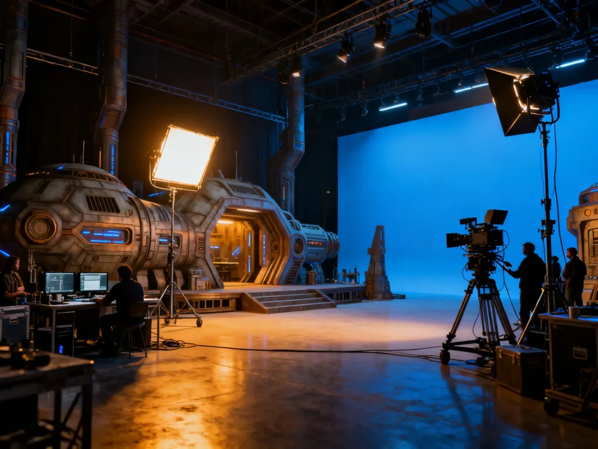 Wnętrze czynnego studia filmowego z futurystyczną scenografią i sprzętem produkcyjnym