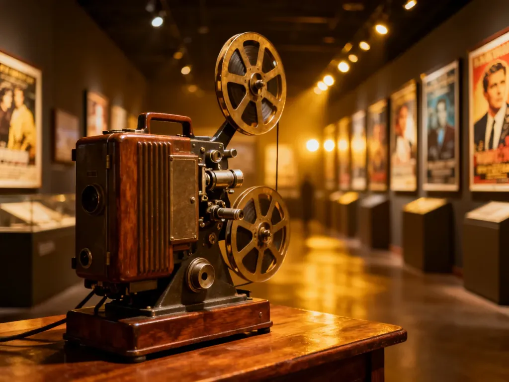 Zabytkowy projektor filmowy na drewnianym stole w klimatycznym wnętrzu Muzeum Kinematografii w Łodzi.
