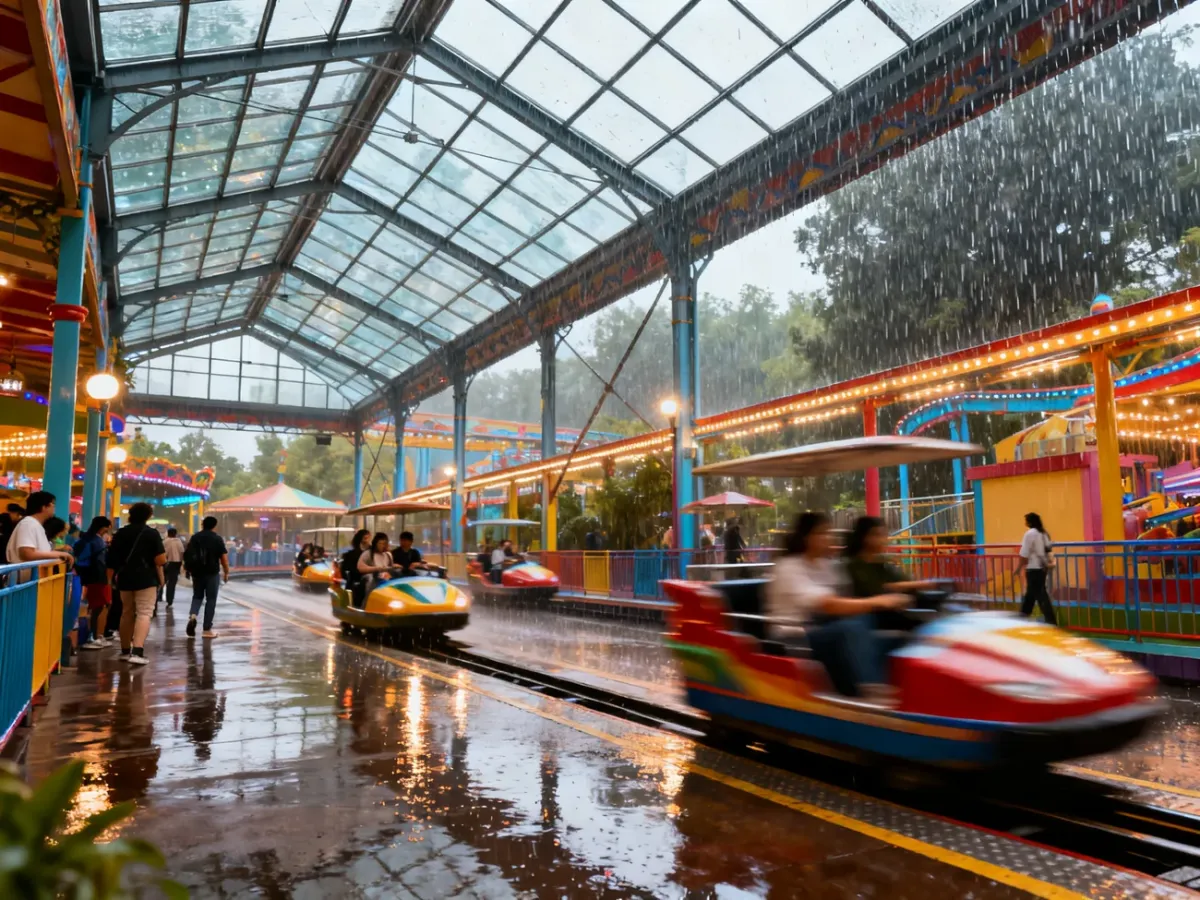 Zadaszony park rozrywki działający niezależnie od deszczowej pogody