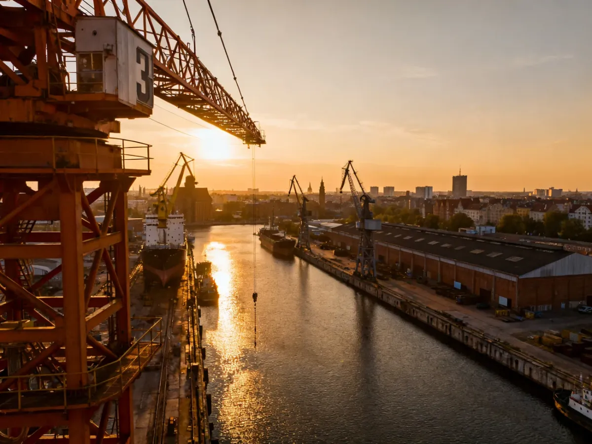 Sunset panorama of Gdansk Shipyard seen from the M3 crane