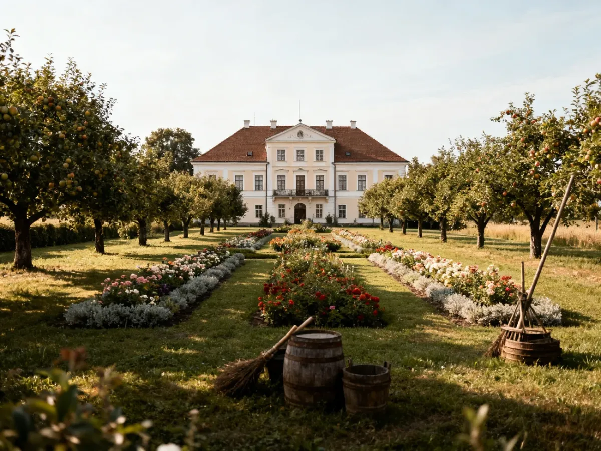 Dwór Sopliców otoczony ogrodem i zielenią