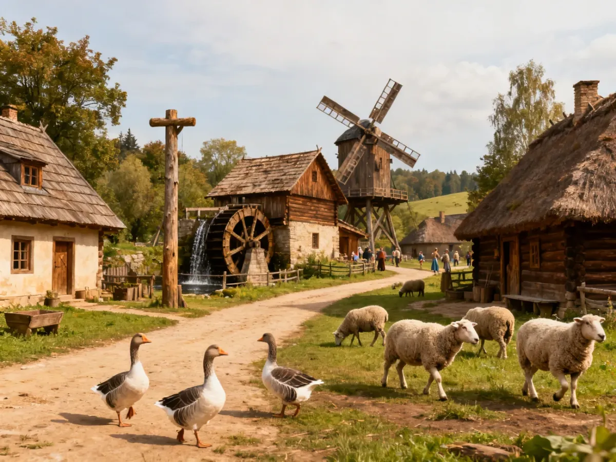 Zabytkowa wiejska zabudowa skansenu w Kolbuszowej z wiatrakiem i zwierzętami