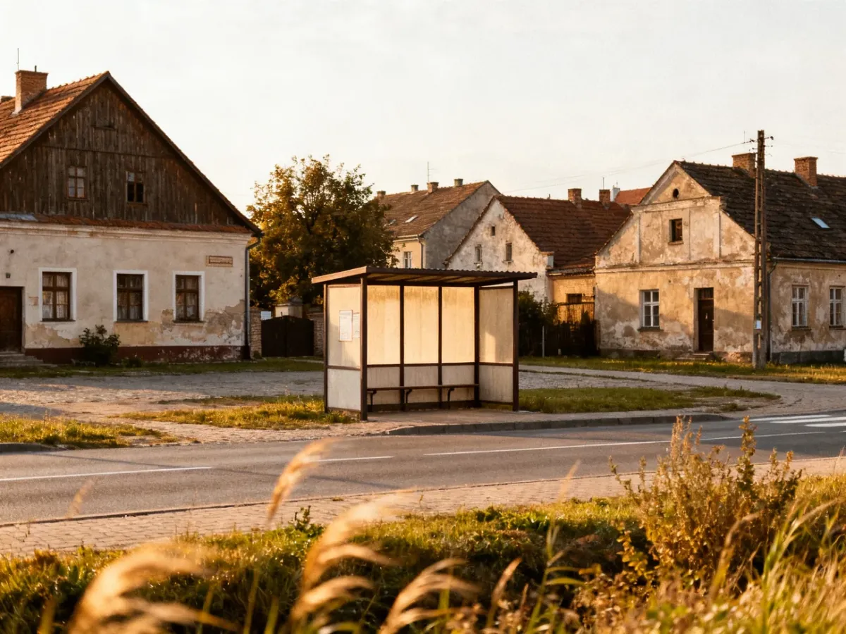 Rynek w Jeruzalu z przystankiem autobusowym i zabudową wsi