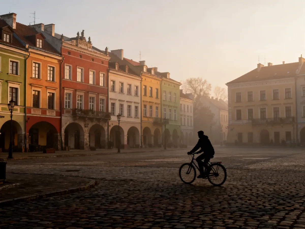 Rynek Starego Miasta w Sandomierzu w filmowym, porannym ujęciu