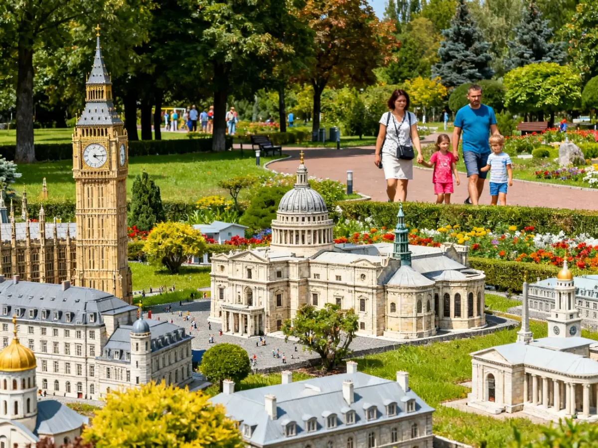 Park Miniatur w Inwałdzie z rodziną spacerującą wśród makiet budowli