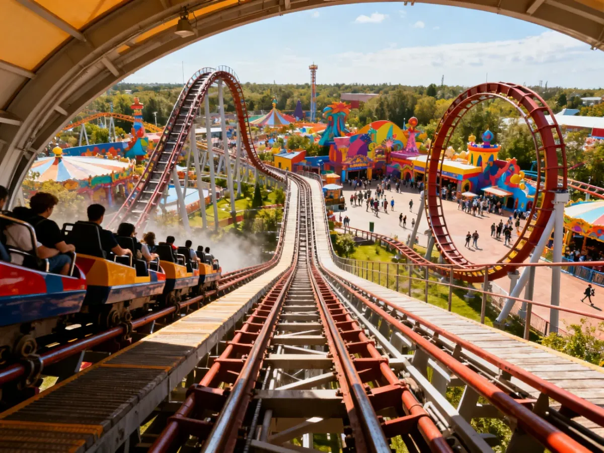 Nowoczesny rollercoaster Energylandii na tle stref tematycznych parku