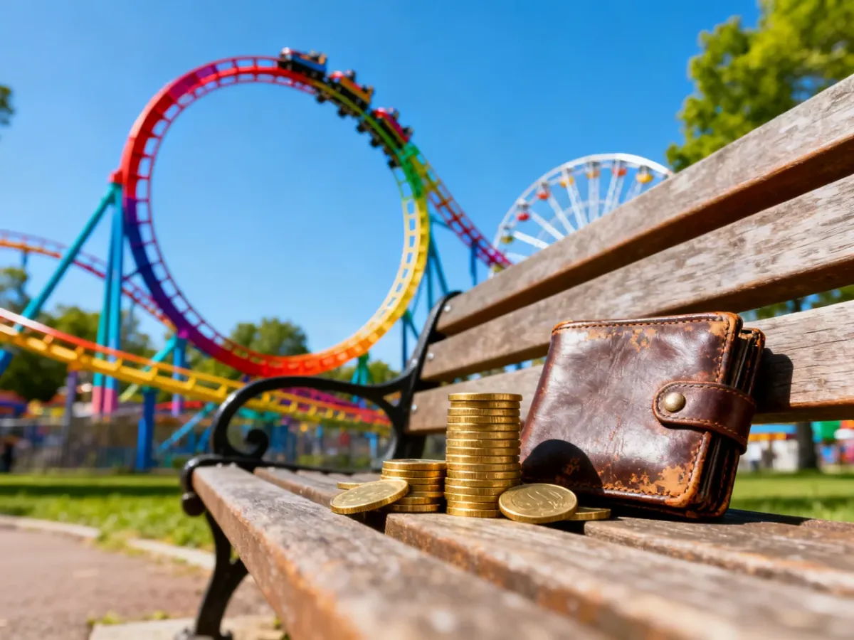 Kolorowy rollercoaster na tle błękitnego nieba oraz monety i portfel na ławce, symbolizujące koszty wycieczki do parku.