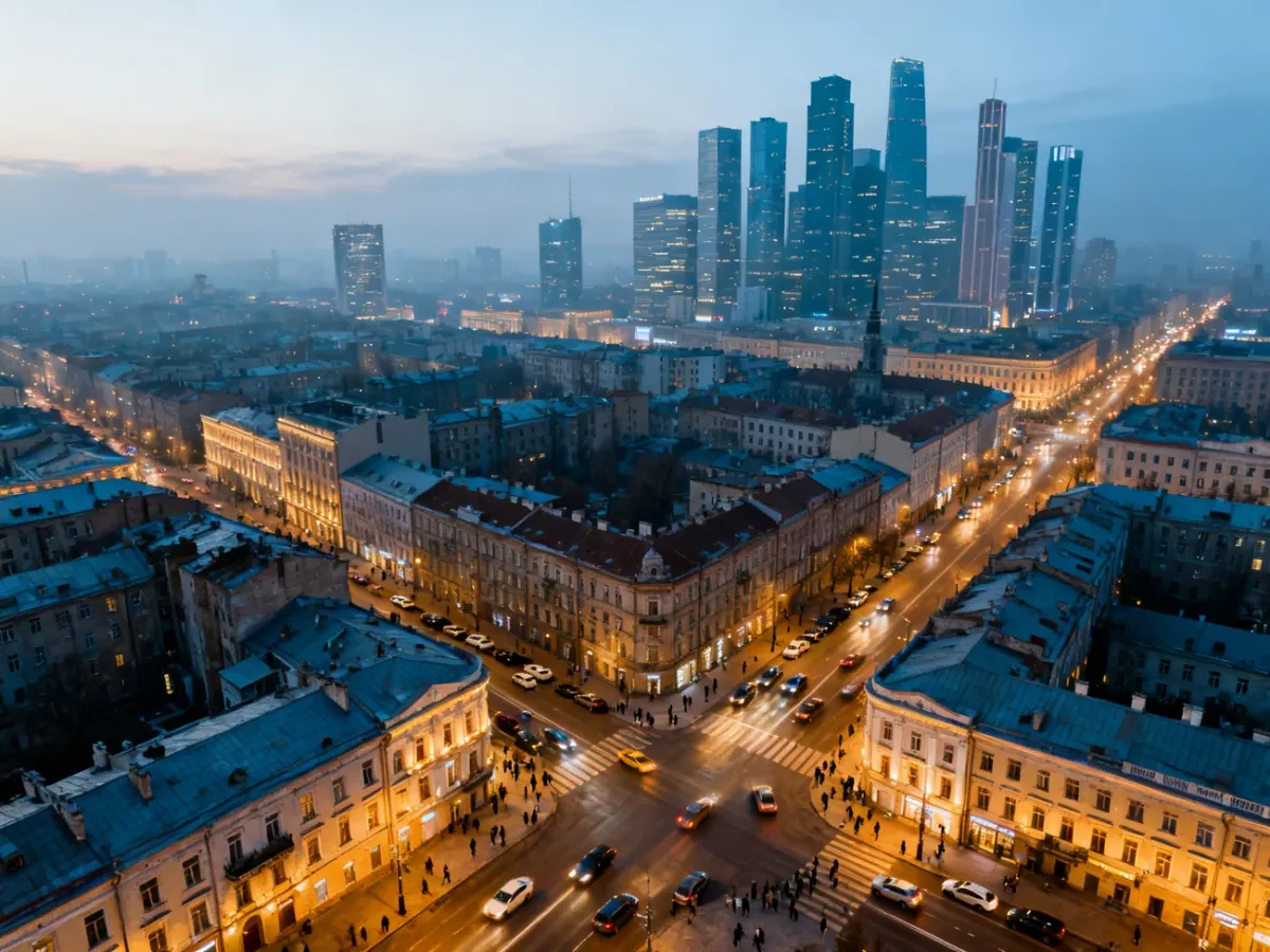 Panorama Warszawy o zmierzchu z nowoczesnym centrum i historyczną zabudową