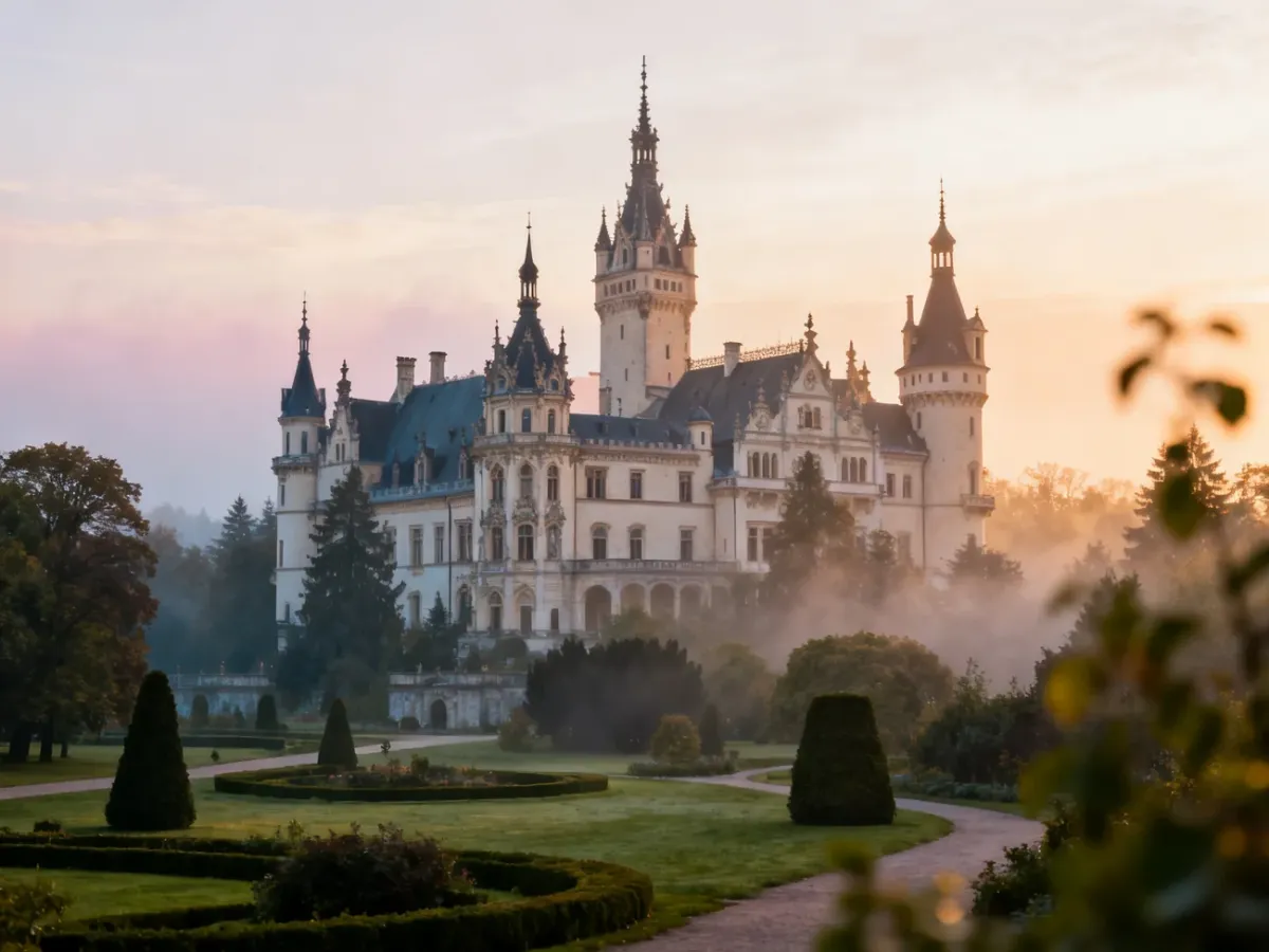 Panoramiczny widok zamku w Mosznej z licznymi wieżami pośród parku