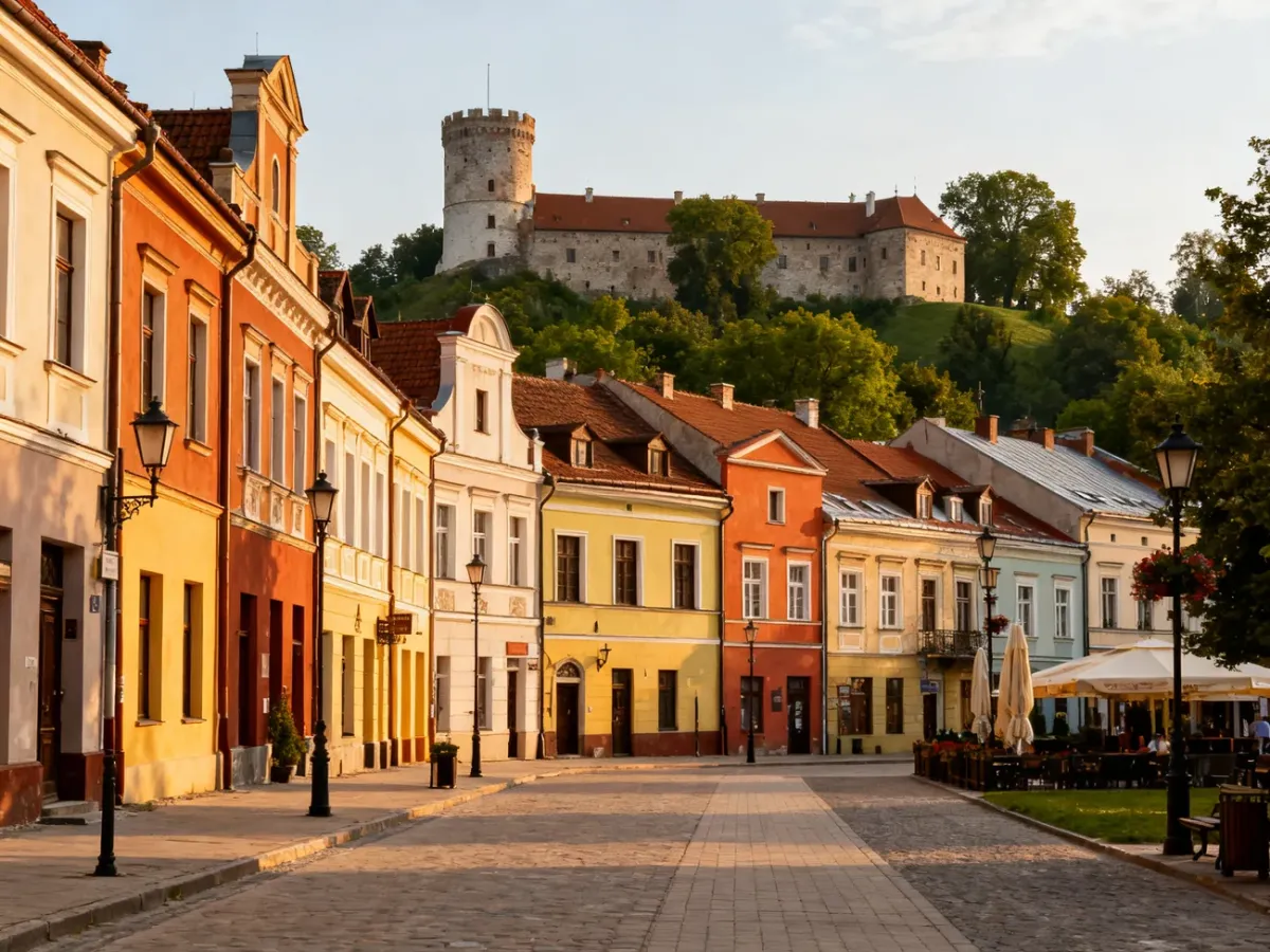 Historyczny rynek w Pułtusku z kolorowymi kamienicami