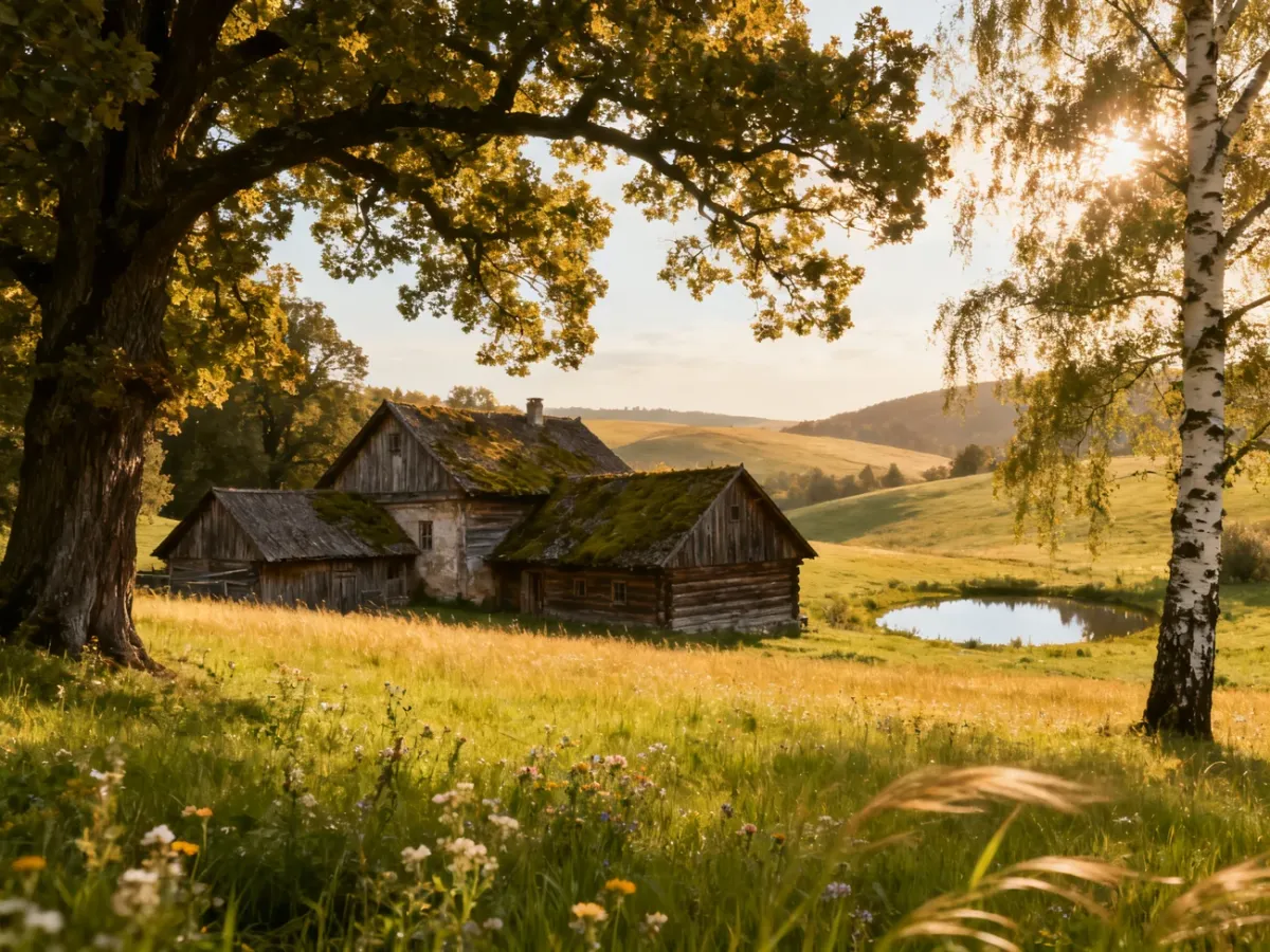 Widok skansenu filmowego Soplicowo pośród zielonego krajobrazu