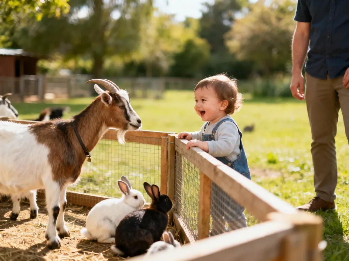 Maluch obserwujący kozy i króliki w mini-zoo