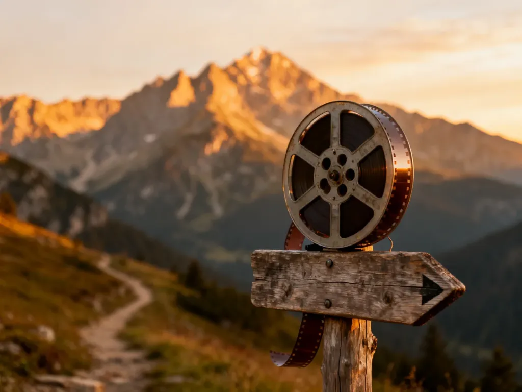 Szpula filmu 35 mm na drogowskazie w Tatrach, symbolizująca filmowe szlaki turystyczne w Polsce o zachodzie słońca.