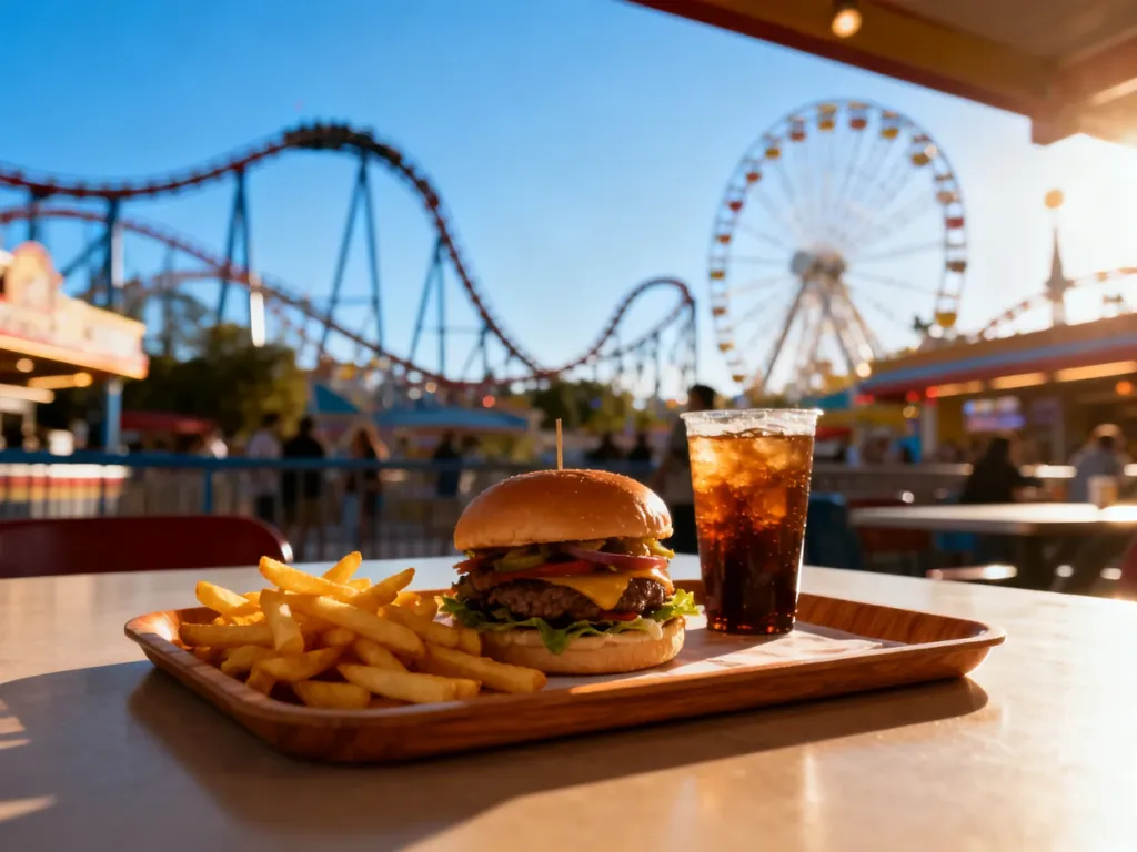 Apetyczny burger z frytkami na stoliku w parku rozrywki, z widocznymi w tle kolejkami górskimi.