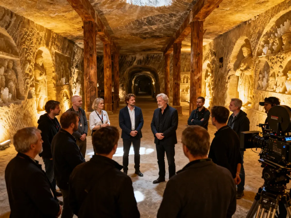 Goście ze świata filmu zwiedzający podziemia kopalni soli w Wieliczce