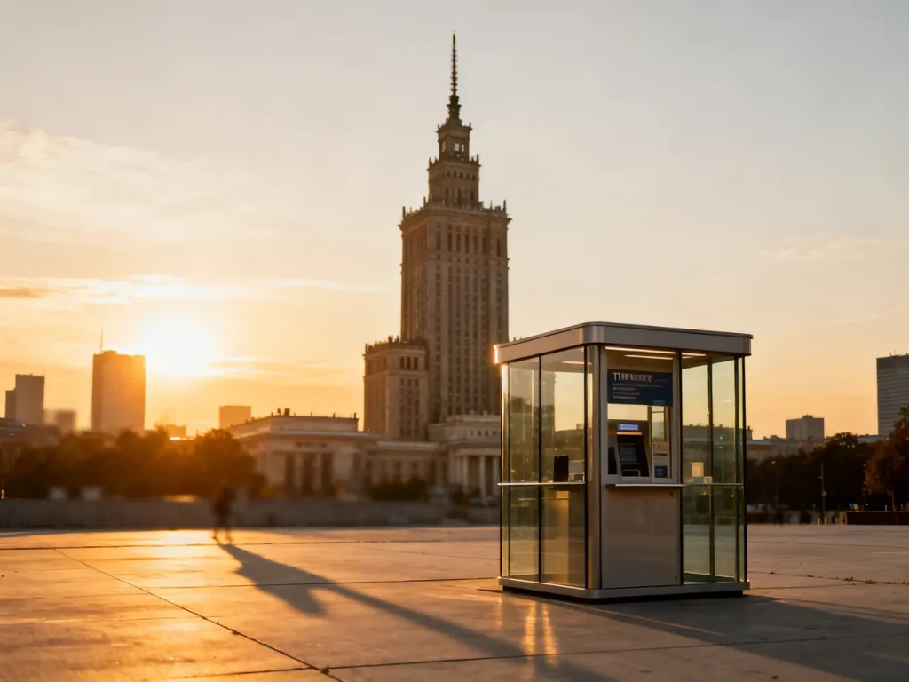 Nowoczesna kasa biletowa na tle Pałacu Kultury i Nauki w Warszawie podczas zachodu słońca.
