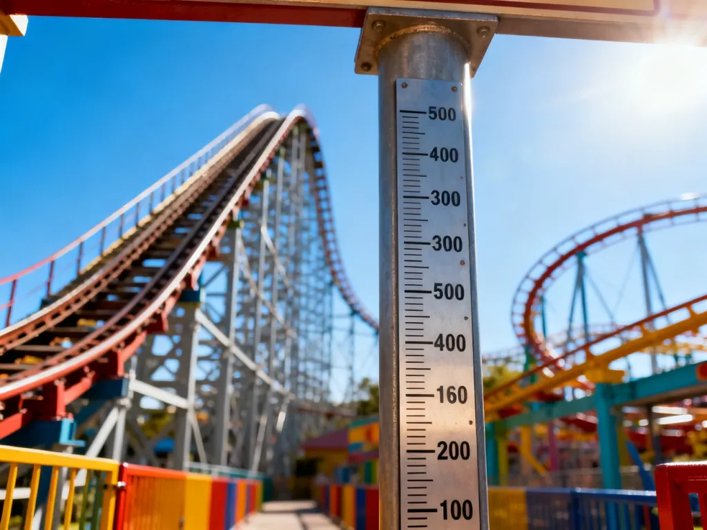 Metalowy miernik wzrostu przy wejściu na rollercoaster, wskazujący zasady bezpieczeństwa dotyczące korzystania z atrakcji.
