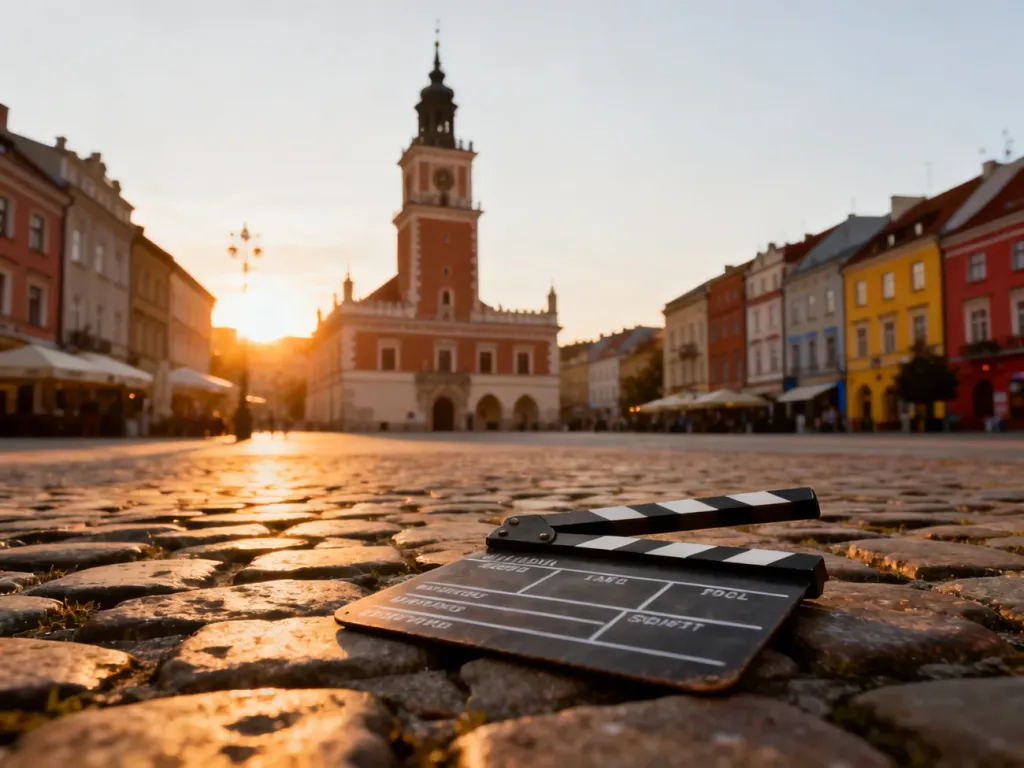 Klapa filmowa na tle zabytkowego rynku w Sandomierzu o zachodzie słońca, nawiązująca do filmowej historii miasta.