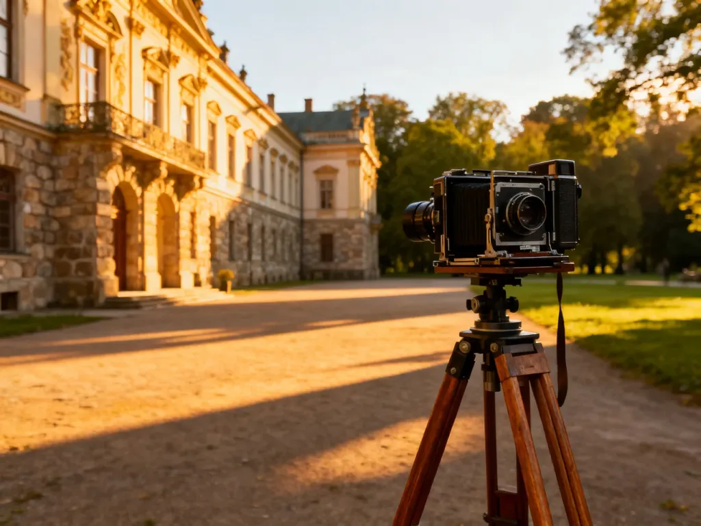 Zabytkowy pałac w Kurozwękach w świetle poranka z ustawioną na pierwszym planie zabytkową kamerą filmową.