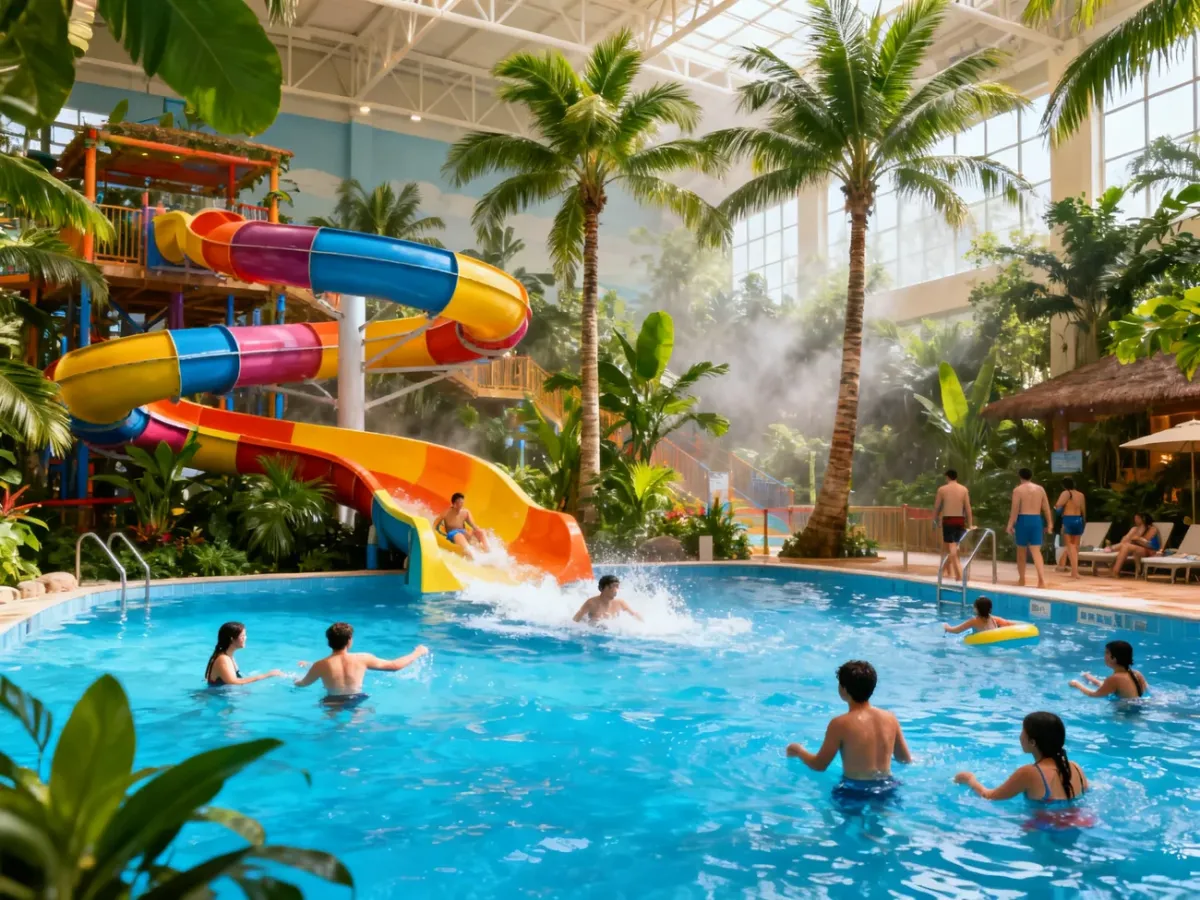 Tropikalny aquapark Suntago z palmami, basenami i zjeżdżalniami