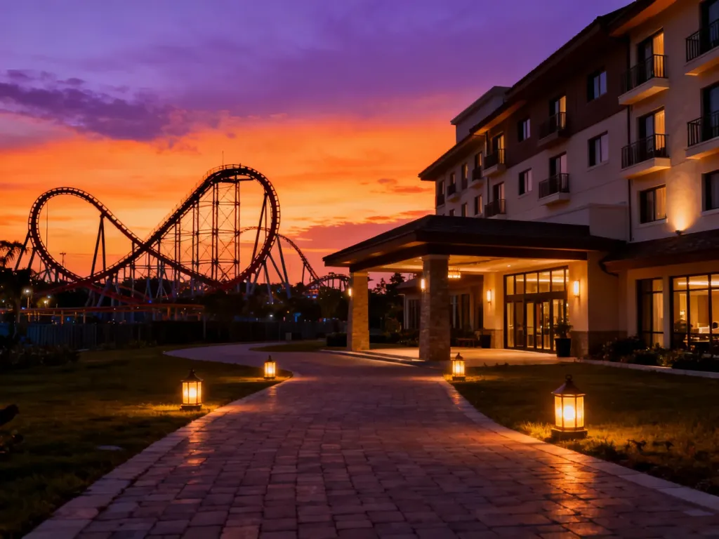 Nowoczesny hotel przy Energylandii o zachodzie słońca, z widocznymi w tle sylwetkami roller coasterów.