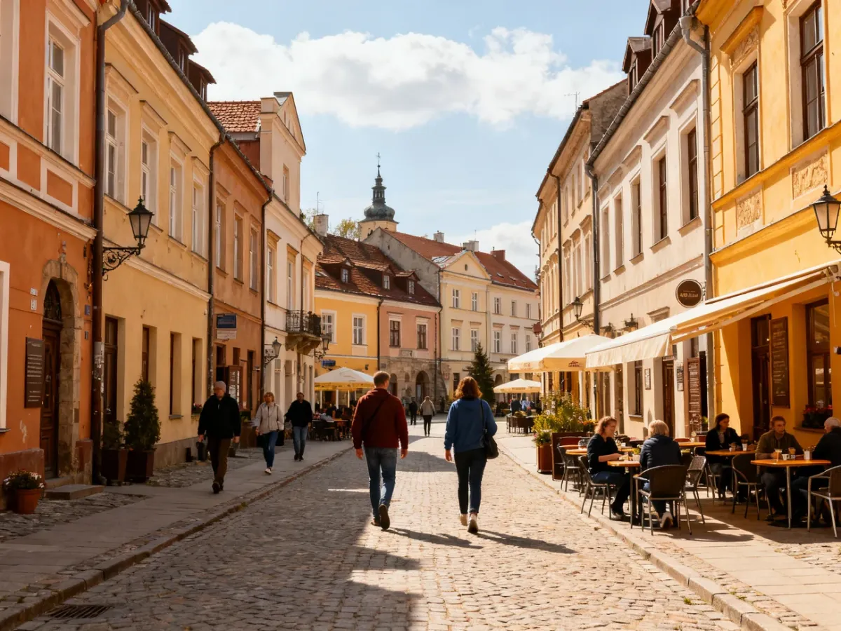 Rynek Górny w Wieliczce z kamienicami i spokojną atmosferą centrum