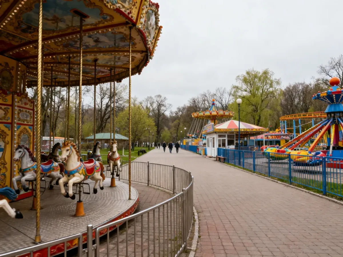Spokojny park rozrywki z niemal pustymi alejkami i atrakcjami w tle