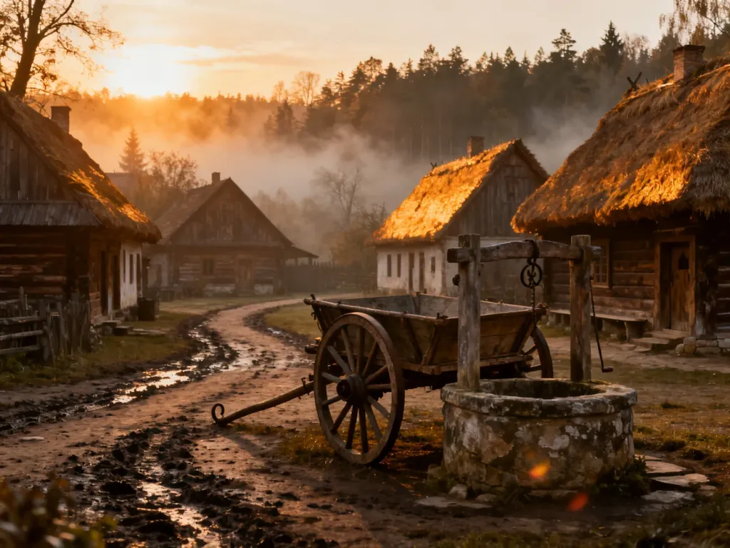 Wiejski plac z drewnianymi chatami i wozem, stanowiący scenerię serialu 1670 w klimatycznym świetle zachodzącego słońca.