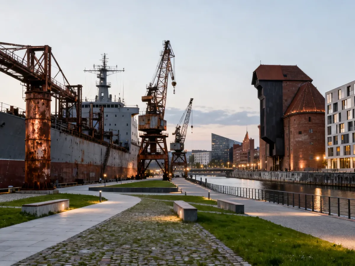 Historic shipyard infrastructure contrasted with modern revitalized spaces