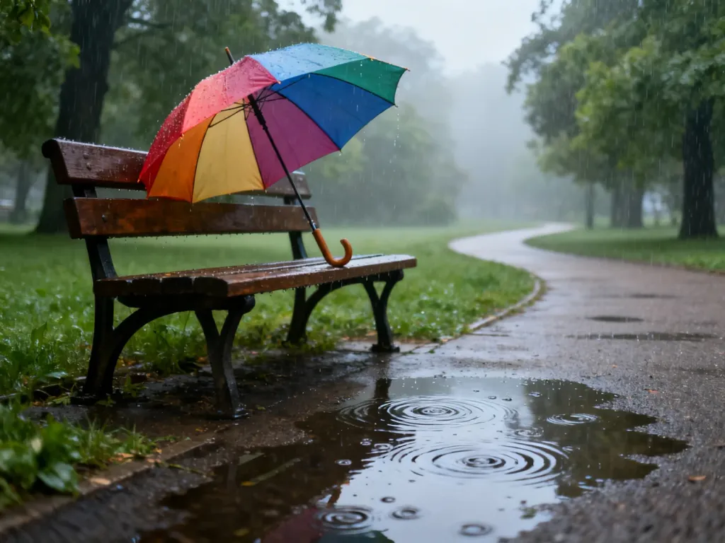Kolorowy parasol na drewnianej ławce w deszczowy dzień, ilustrujący planowanie wycieczki przy niesprzyjającej pogodzie.