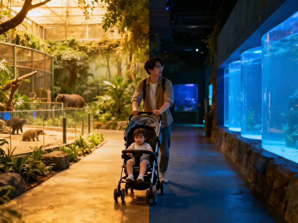 Rodzic z maluchem w wózku między alejką zoo a wejściem do oceanarium