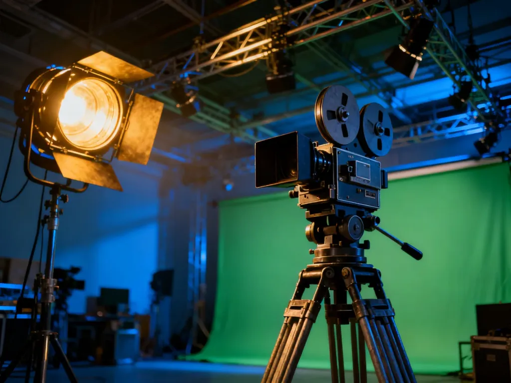Profesjonalne studio filmowe z zabytkową kamerą, oświetleniem i zielonym tłem, gotowe do realizacji produkcji.