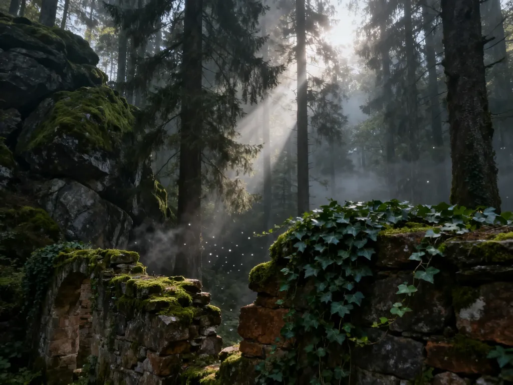 Mroczny, zamglony las z porośniętymi mchem ruinami, przypominający klimatyczne plenery z serialu Wiedźmin.