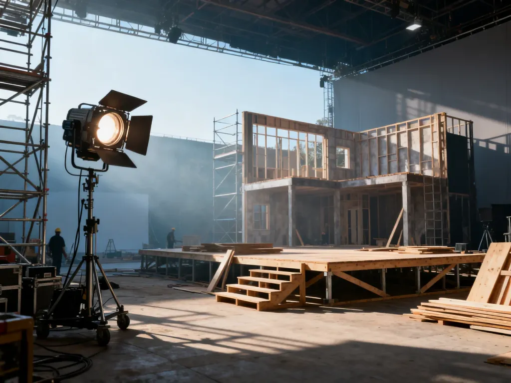 Budowa planu filmowego z widocznym rusztowaniem, oświetleniem i powstającą scenografią w świetle poranka.