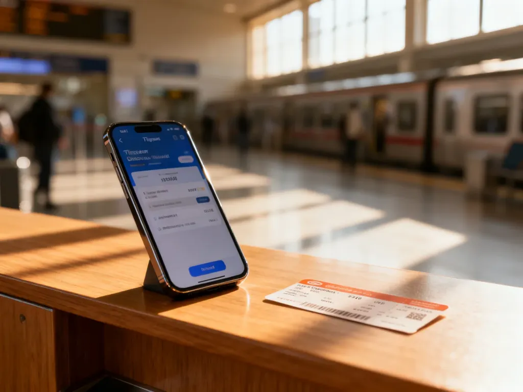 Smartfon z aplikacją do zakupu biletów online leżący na drewnianym blacie obok tradycyjnego biletu papierowego.