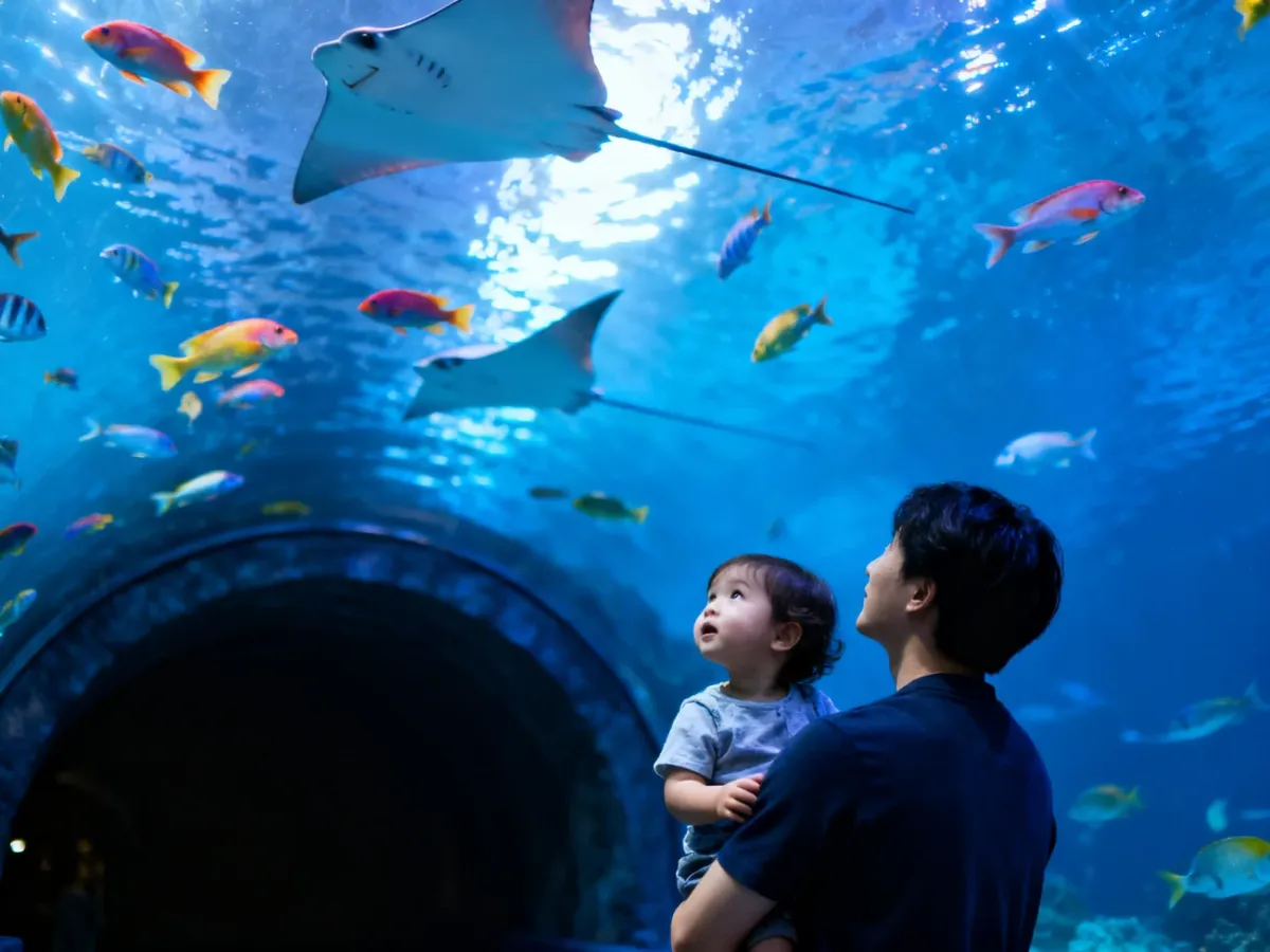 Dziecko z rodzicem oglądające ryby w tunelu oceanarium