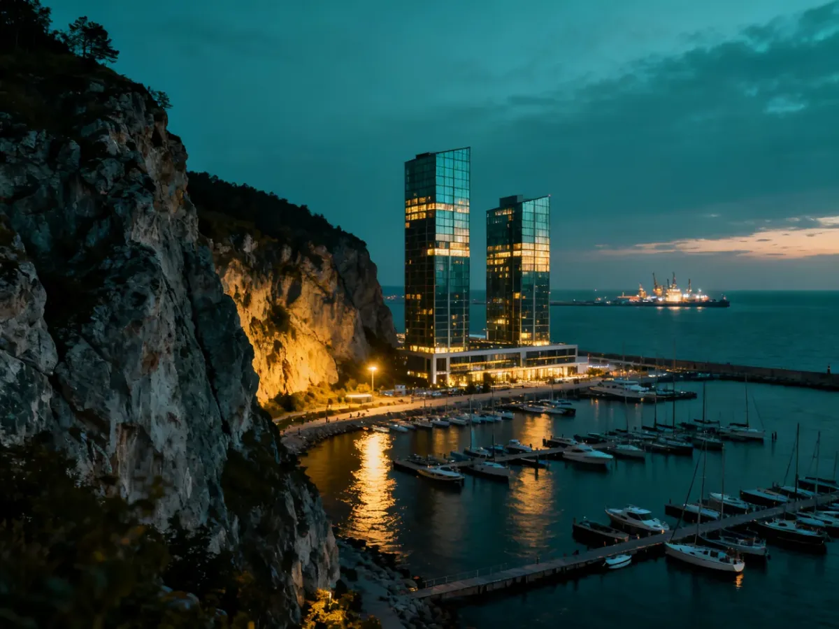 Nadmorski krajobraz Gdyni z klifem, mariną i wieżowcami Sea Towers