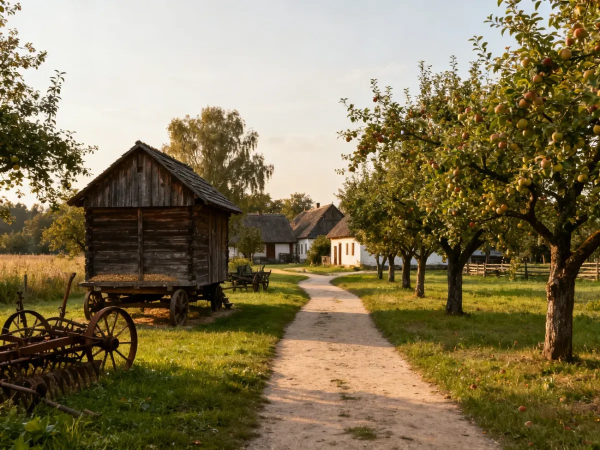 Spacerowa trasa między zabudowaniami i zielenią skansenu