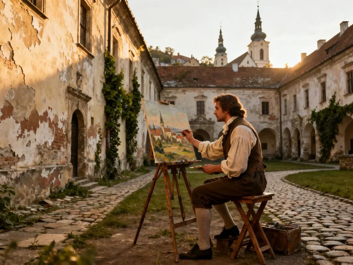 Dziedziniec klasztorny w Kazimierzu Dolnym z artystą malującym miejską scenerię